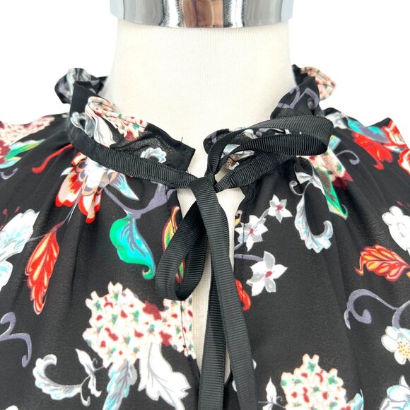 Violet & Claire Black Floral Print Sleeveless Blouse Ruffle Neck Size Small - Picture 3 of 12